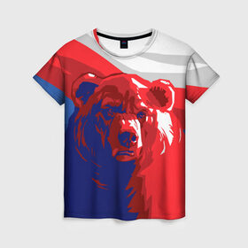 Женская футболка 3D с принтом Российский медведь в Петрозаводске, 100% полиэфир ( синтетическое хлопкоподобное полотно) | прямой крой, круглый вырез горловины, длина до линии бедер | russia | russian bear | патриот | родина | россия | русский медведь | триколор