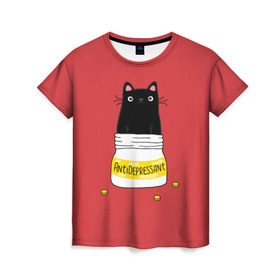 Женская футболка 3D с принтом Аntidepressant в Петрозаводске, 100% полиэфир ( синтетическое хлопкоподобное полотно) | прямой крой, круглый вырез горловины, длина до линии бедер | antidepressant | cat | кот | коты | кошка | милый | с котами | с надписью | с приколом | черный кот