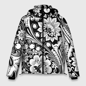 Мужская зимняя куртка 3D с принтом Хохлома чб в Петрозаводске, верх — 100% полиэстер; подкладка — 100% полиэстер; утеплитель — 100% полиэстер | длина ниже бедра, свободный силуэт Оверсайз. Есть воротник-стойка, отстегивающийся капюшон и ветрозащитная планка. 

Боковые карманы с листочкой на кнопках и внутренний карман на молнии. | Тематика изображения на принте: народный | орнамент | роспись | традиционный