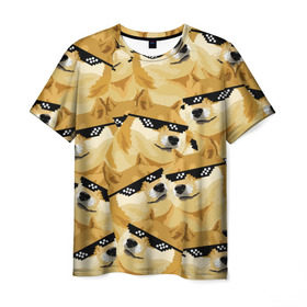 Мужская футболка 3D с принтом Doge мем в deal with it очках в Петрозаводске, 100% полиэфир | прямой крой, круглый вырез горловины, длина до линии бедер | Тематика изображения на принте: deal with it очки | doge | meme | мем | мемы | сиба ину | сиба ину мем