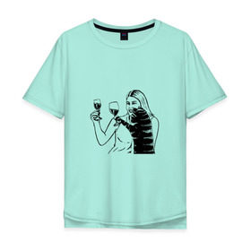 Мужская футболка хлопок Oversize с принтом Котик и Вино в Петрозаводске, 100% хлопок | свободный крой, круглый ворот, “спинка” длиннее передней части | винчик | выпьем за любовь | женщина | кот