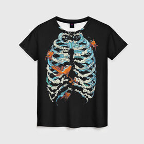 Женская футболка 3D с принтом Ребра из Воды в Петрозаводске, 100% полиэфир ( синтетическое хлопкоподобное полотно) | прямой крой, круглый вырез горловины, длина до линии бедер | анатомия | вода | океан | рыбы | скелет