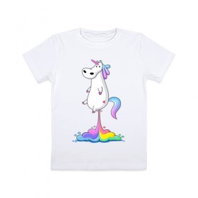 Детская футболка хлопок с принтом Единорог радуга в Петрозаводске, 100% хлопок | круглый вырез горловины, полуприлегающий силуэт, длина до линии бедер | Тематика изображения на принте: rainbow | unicorn | радужный