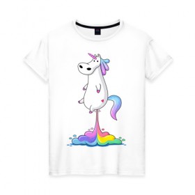 Женская футболка хлопок с принтом Единорог радуга в Петрозаводске, 100% хлопок | прямой крой, круглый вырез горловины, длина до линии бедер, слегка спущенное плечо | rainbow | unicorn | радужный