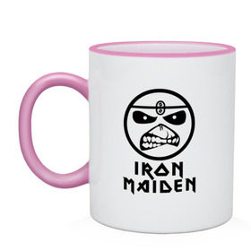 Кружка двухцветная с принтом Iron Maiden в Петрозаводске, керамика | объем — 330 мл, диаметр — 80 мм. Цветная ручка и кайма сверху, в некоторых цветах — вся внутренняя часть | iron maiden | адриан смит | айран | айрон | группа | дэйв мюррей | железная дева | ирон | майден | мейд | мейден | метал | мрачный | музыка | песни | рок | стив харрис | тяжелый | хеви | хевиметал