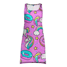 Платье-майка 3D с принтом Котики и Единороги в Петрозаводске, 100% полиэстер | полуприлегающий силуэт, широкие бретели, круглый вырез горловины, удлиненный подол сзади. | единорог | мороженое | пони | пончики | радуга | розовый