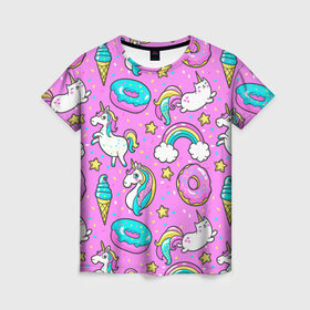 Женская футболка 3D с принтом Котики и Единороги в Петрозаводске, 100% полиэфир ( синтетическое хлопкоподобное полотно) | прямой крой, круглый вырез горловины, длина до линии бедер | единорог | мороженое | пони | пончики | радуга | розовый
