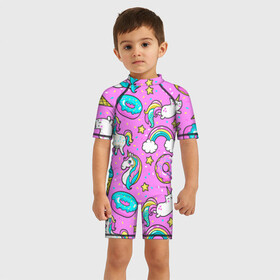 Детский купальный костюм 3D с принтом Котики и Единороги в Петрозаводске, Полиэстер 85%, Спандекс 15% | застежка на молнии на спине | единорог | мороженое | пони | пончики | радуга | розовый