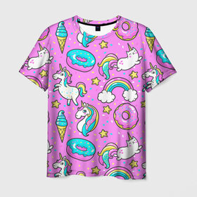 Мужская футболка 3D с принтом Котики и Единороги в Петрозаводске, 100% полиэфир | прямой крой, круглый вырез горловины, длина до линии бедер | Тематика изображения на принте: единорог | мороженое | пони | пончики | радуга | розовый