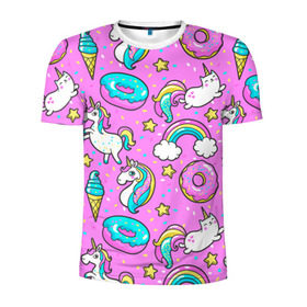 Мужская футболка 3D спортивная с принтом Котики и Единороги в Петрозаводске, 100% полиэстер с улучшенными характеристиками | приталенный силуэт, круглая горловина, широкие плечи, сужается к линии бедра | единорог | мороженое | пони | пончики | радуга | розовый