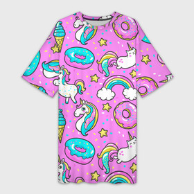 Платье-футболка 3D с принтом Котики и Единороги в Петрозаводске,  |  | единорог | мороженое | пони | пончики | радуга | розовый
