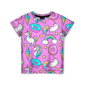 Детская футболка 3D с принтом Котики и Единороги в Петрозаводске, 100% гипоаллергенный полиэфир | прямой крой, круглый вырез горловины, длина до линии бедер, чуть спущенное плечо, ткань немного тянется | единорог | мороженое | пони | пончики | радуга | розовый