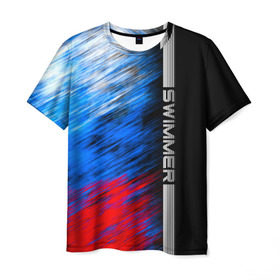 Мужская футболка 3D с принтом Swimmer в Петрозаводске, 100% полиэфир | прямой крой, круглый вырез горловины, длина до линии бедер | линии | пловец | пловчиха | полосы | россия | рф | флаг