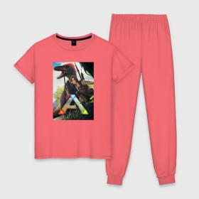 Женская пижама хлопок с принтом Ark Survival Evolved в Петрозаводске, 100% хлопок | брюки и футболка прямого кроя, без карманов, на брюках мягкая резинка на поясе и по низу штанин | арк
