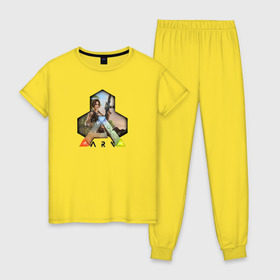Женская пижама хлопок с принтом Ark Survival Evolved в Петрозаводске, 100% хлопок | брюки и футболка прямого кроя, без карманов, на брюках мягкая резинка на поясе и по низу штанин | арк