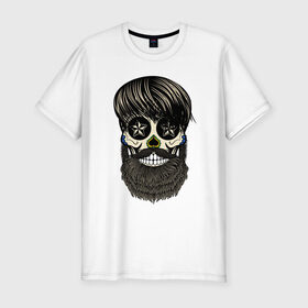 Мужская футболка премиум с принтом Сахарный череп с бородой в Петрозаводске, 92% хлопок, 8% лайкра | приталенный силуэт, круглый вырез ворота, длина до линии бедра, короткий рукав | бородатый | день мертвых | сахарный череп | хелловин | хипстер