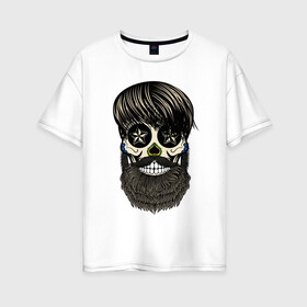 Женская футболка хлопок Oversize с принтом Сахарный череп с бородой в Петрозаводске, 100% хлопок | свободный крой, круглый ворот, спущенный рукав, длина до линии бедер
 | бородатый | день мертвых | сахарный череп | хелловин | хипстер