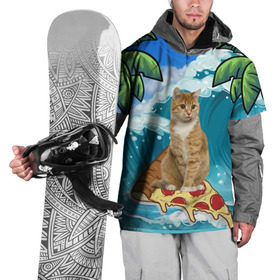 Накидка на куртку 3D с принтом Сёрфинг на Пицце в Петрозаводске, 100% полиэстер |  | cat | palm | pizza | surfing | wave | волна | животное | кот | пальмы | пицца | серфинг