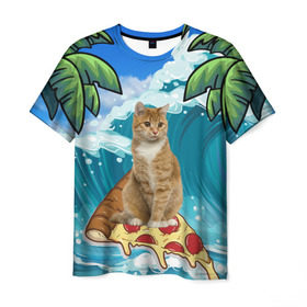 Мужская футболка 3D с принтом Сёрфинг на Пицце в Петрозаводске, 100% полиэфир | прямой крой, круглый вырез горловины, длина до линии бедер | Тематика изображения на принте: cat | palm | pizza | surfing | wave | волна | животное | кот | пальмы | пицца | серфинг