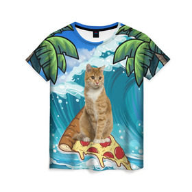 Женская футболка 3D с принтом Сёрфинг на Пицце в Петрозаводске, 100% полиэфир ( синтетическое хлопкоподобное полотно) | прямой крой, круглый вырез горловины, длина до линии бедер | cat | palm | pizza | surfing | wave | волна | животное | кот | пальмы | пицца | серфинг