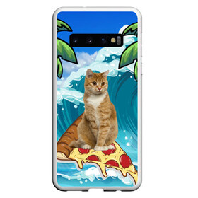 Чехол для Samsung Galaxy S10 с принтом Сёрфинг на Пицце в Петрозаводске, Силикон | Область печати: задняя сторона чехла, без боковых панелей | Тематика изображения на принте: cat | palm | pizza | surfing | wave | волна | животное | кот | пальмы | пицца | серфинг