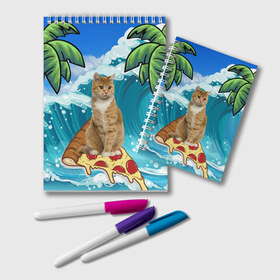 Блокнот с принтом Сёрфинг на Пицце в Петрозаводске, 100% бумага | 48 листов, плотность листов — 60 г/м2, плотность картонной обложки — 250 г/м2. Листы скреплены удобной пружинной спиралью. Цвет линий — светло-серый
 | Тематика изображения на принте: cat | palm | pizza | surfing | wave | волна | животное | кот | пальмы | пицца | серфинг