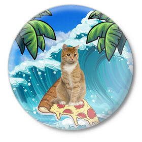 Значок с принтом Сёрфинг на Пицце в Петрозаводске,  металл | круглая форма, металлическая застежка в виде булавки | Тематика изображения на принте: cat | palm | pizza | surfing | wave | волна | животное | кот | пальмы | пицца | серфинг