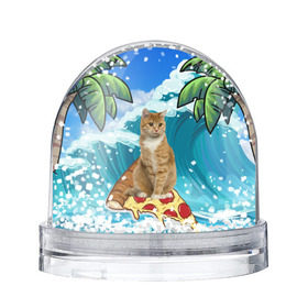 Водяной шар с принтом Сёрфинг на Пицце в Петрозаводске, Пластик | Изображение внутри шара печатается на глянцевой фотобумаге с двух сторон | cat | palm | pizza | surfing | wave | волна | животное | кот | пальмы | пицца | серфинг