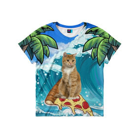 Детская футболка 3D с принтом Сёрфинг на Пицце в Петрозаводске, 100% гипоаллергенный полиэфир | прямой крой, круглый вырез горловины, длина до линии бедер, чуть спущенное плечо, ткань немного тянется | cat | palm | pizza | surfing | wave | волна | животное | кот | пальмы | пицца | серфинг