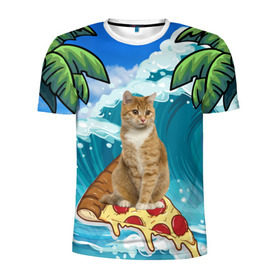 Мужская футболка 3D спортивная с принтом Сёрфинг на Пицце в Петрозаводске, 100% полиэстер с улучшенными характеристиками | приталенный силуэт, круглая горловина, широкие плечи, сужается к линии бедра | Тематика изображения на принте: cat | palm | pizza | surfing | wave | волна | животное | кот | пальмы | пицца | серфинг