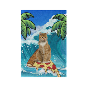 Обложка для паспорта матовая кожа с принтом Сёрфинг на Пицце в Петрозаводске, натуральная матовая кожа | размер 19,3 х 13,7 см; прозрачные пластиковые крепления | Тематика изображения на принте: cat | palm | pizza | surfing | wave | волна | животное | кот | пальмы | пицца | серфинг
