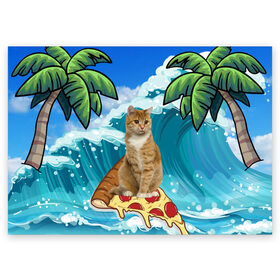 Поздравительная открытка с принтом Сёрфинг на Пицце в Петрозаводске, 100% бумага | плотность бумаги 280 г/м2, матовая, на обратной стороне линовка и место для марки
 | Тематика изображения на принте: cat | palm | pizza | surfing | wave | волна | животное | кот | пальмы | пицца | серфинг