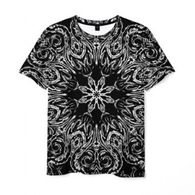 Мужская футболка 3D с принтом Белый узор на черном в Петрозаводске, 100% полиэфир | прямой крой, круглый вырез горловины, длина до линии бедер | абстракт | орнамент | паттерн | узор | чб