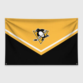 Флаг-баннер с принтом Pittsburgh Penguins (Форма 1) в Петрозаводске, 100% полиэстер | размер 67 х 109 см, плотность ткани — 95 г/м2; по краям флага есть четыре люверса для крепления | Тематика изображения на принте: питтсбург пингвинз