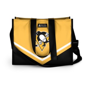 Сумка-шоппер 3D с принтом Pittsburgh Penguins (Форма 1) в Петрозаводске, 100% полиэстер | застегивается на металлическую кнопку; внутренний карман застегивается на молнию. Стенки укреплены специальным мягким материалом, чтобы защитить содержимое от несильных ударов
 | питтсбург пингвинз