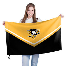 Флаг 3D с принтом Pittsburgh Penguins (Форма 1) в Петрозаводске, 100% полиэстер | плотность ткани — 95 г/м2, размер — 67 х 109 см. Принт наносится с одной стороны | питтсбург пингвинз