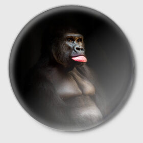 Значок с принтом Горилла в Петрозаводске,  металл | круглая форма, металлическая застежка в виде булавки | горилла | животные | обезьяна | прикол | природа | смешно | юмор | язык