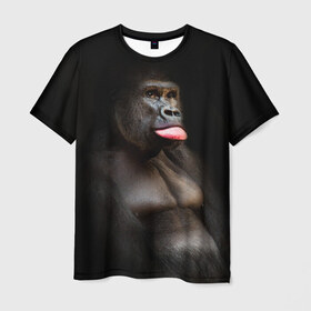 Мужская футболка 3D с принтом Горилла в Петрозаводске, 100% полиэфир | прямой крой, круглый вырез горловины, длина до линии бедер | горилла | животные | обезьяна | прикол | природа | смешно | юмор | язык