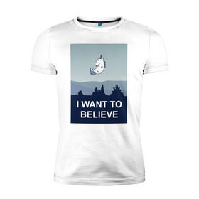 Мужская футболка премиум с принтом i want to believe.unicorn в Петрозаводске, 92% хлопок, 8% лайкра | приталенный силуэт, круглый вырез ворота, длина до линии бедра, короткий рукав | Тематика изображения на принте: unicorn | единорог