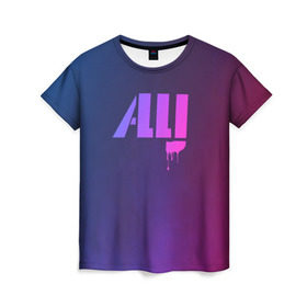 Женская футболка 3D с принтом ALLJ в Петрозаводске, 100% полиэфир ( синтетическое хлопкоподобное полотно) | прямой крой, круглый вырез горловины, длина до линии бедер | allj | music | pop | purple | rap | градиент | клубная музыка. | космос | минимал | музыка | поп | розовое вино | рэп | сузуки | фиолетовый | элджей