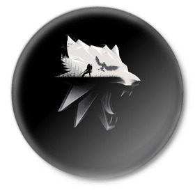 Значок с принтом Волк в Петрозаводске,  металл | круглая форма, металлическая застежка в виде булавки | gerald | wild hunt | witcher | wolf | ведьмак | волк | дикая охота
