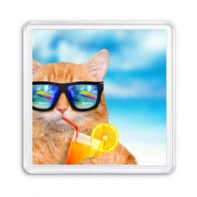 Магнит 55*55 с принтом Кот на пляже в Петрозаводске, Пластик | Размер: 65*65 мм; Размер печати: 55*55 мм | summer | апельсиновый сок | кот | кот на пляже | коте | котик | котэ | котяра | лето | море | небо | отдых | очки | пляже