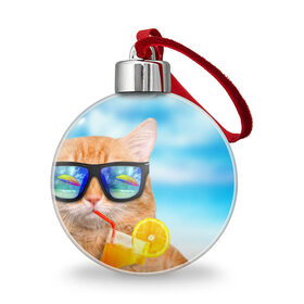 Ёлочный шар с принтом Кот на пляже в Петрозаводске, Пластик | Диаметр: 77 мм | summer | апельсиновый сок | кот | кот на пляже | коте | котик | котэ | котяра | лето | море | небо | отдых | очки | пляже