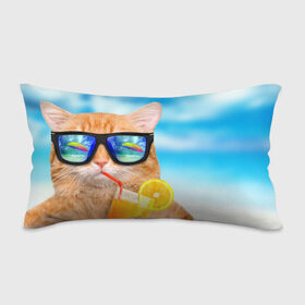 Подушка 3D антистресс с принтом Кот на пляже в Петрозаводске, наволочка — 100% полиэстер, наполнитель — вспененный полистирол | состоит из подушки и наволочки на молнии | summer | апельсиновый сок | кот | кот на пляже | коте | котик | котэ | котяра | лето | море | небо | отдых | очки | пляже