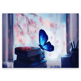 Поздравительная открытка с принтом ВОЛШЕБНАЯ БАБОЧКА. в Петрозаводске, 100% бумага | плотность бумаги 280 г/м2, матовая, на обратной стороне линовка и место для марки
 | бабочка | волшебная бабочка | голубая бабочка | книги | насекомая | насекомое | пыльца | синея бабочка