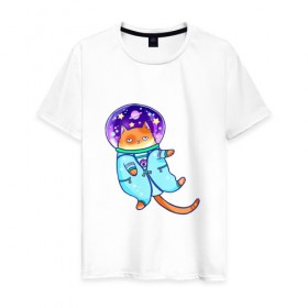 Мужская футболка хлопок с принтом Кот и космос в Петрозаводске, 100% хлопок | прямой крой, круглый вырез горловины, длина до линии бедер, слегка спущенное плечо. | звезды | космонавт | космос | кот