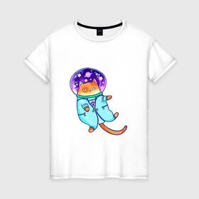 Женская футболка хлопок с принтом Кот и космос в Петрозаводске, 100% хлопок | прямой крой, круглый вырез горловины, длина до линии бедер, слегка спущенное плечо | звезды | космонавт | космос | кот