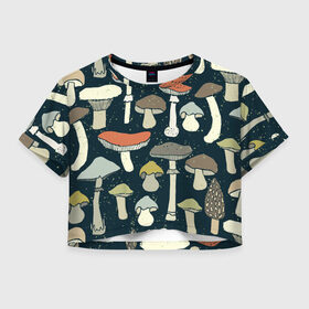 Женская футболка 3D укороченная с принтом Загадочный лес в Петрозаводске, 100% полиэстер | круглая горловина, длина футболки до линии талии, рукава с отворотами | Тематика изображения на принте: грибы | паттерн