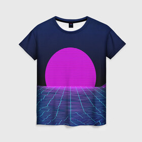 Женская футболка 3D с принтом Солнце в Петрозаводске, 100% полиэфир ( синтетическое хлопкоподобное полотно) | прямой крой, круглый вырез горловины, длина до линии бедер | 3d | cgi | digital art | music | retro | vaporwave | абстракция | вейпорвейв | геометрия | музыка | ретро