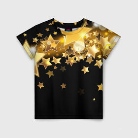 Детская футболка 3D с принтом Золотые звездочки в Петрозаводске, 100% гипоаллергенный полиэфир | прямой крой, круглый вырез горловины, длина до линии бедер, чуть спущенное плечо, ткань немного тянется | 3d | звездочки | звезды | золото | золотые звездочки | картинка | черный фон